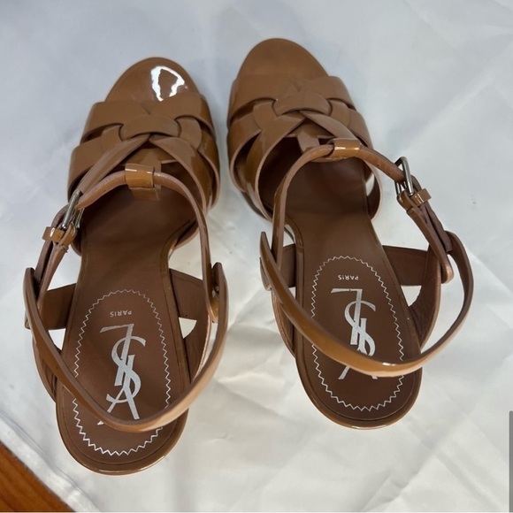 YVE SAINT LAURENT Tribute Brown T-strap Patent Leather Platform Sandal N… - Picture 6 of 13